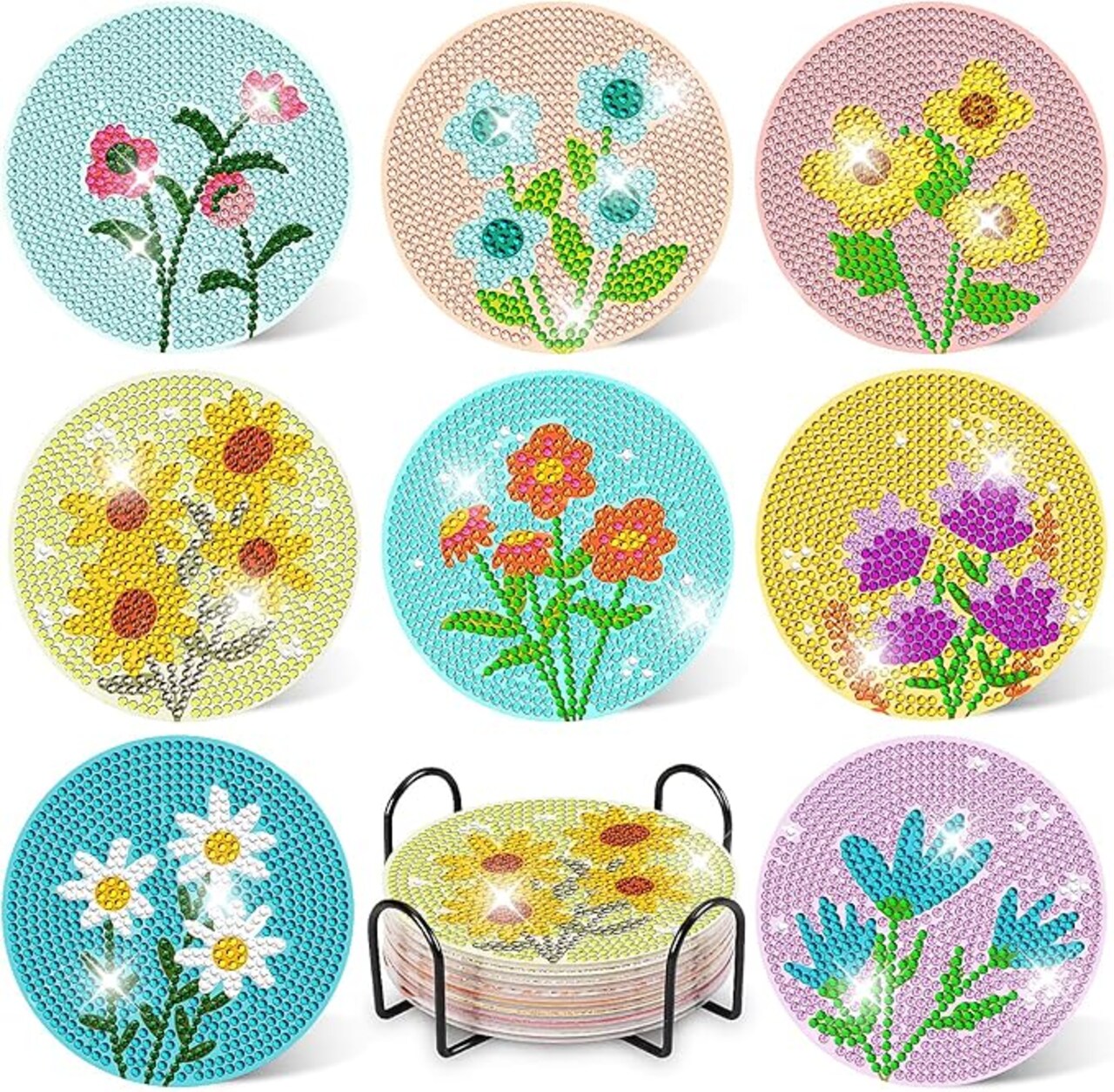 8 Pcs Diamond Art Coasters with Holder, Flower DIY Diamond Painting Kits for Adults Beginners, Small Mandala Floral Gem Art Coasters with Cork Base, Creative Arts and Crafts Gift Set